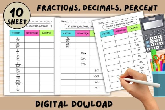 Download Fractions Decimals Percentages Worksheet - Work Collection